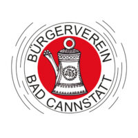 Das Logo des Bürgervereins Bad Cannstatt zeigt eine dekorative Kaffeekanne mit den Initialen BVS in der Mitte, umgeben von einem roten Kreis und dem Namen der Organisation in fetten, schwarzen Buchstaben. Die geschwungenen Linien erinnern an das klassische Stuttgarter Flair.